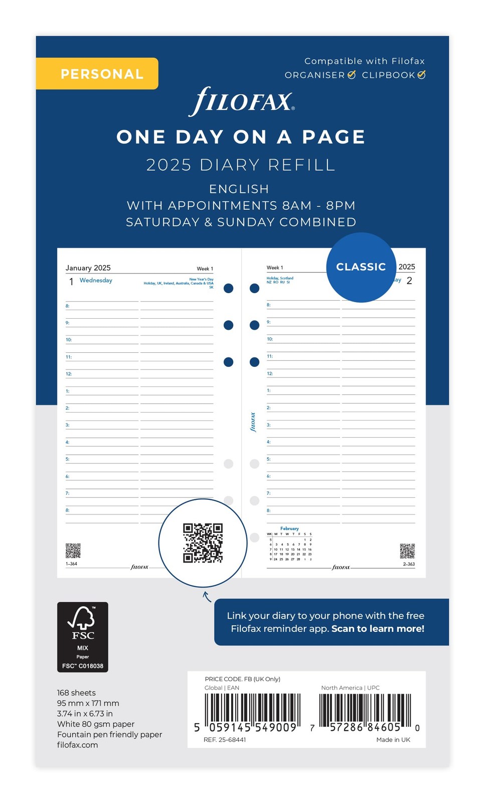 Filofax 25-68441 Personal Day Per Page 2025 Planner Refill - English Filofax 25-68441 Personal Day Per Page 2025 Planner Refill - English