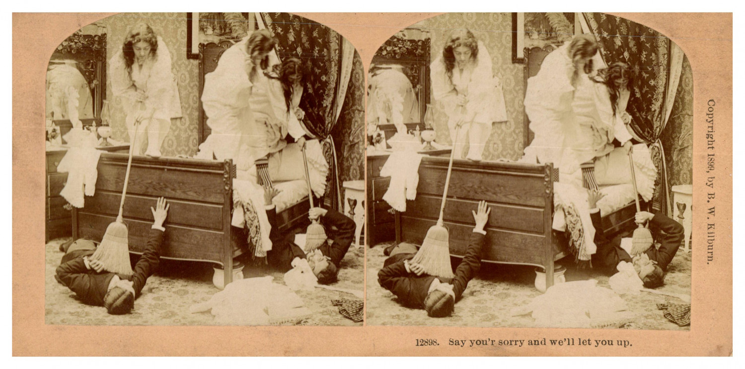 Women Beating Men With A Broom, ca.1880, Stereo Vintage Stereo Print, 