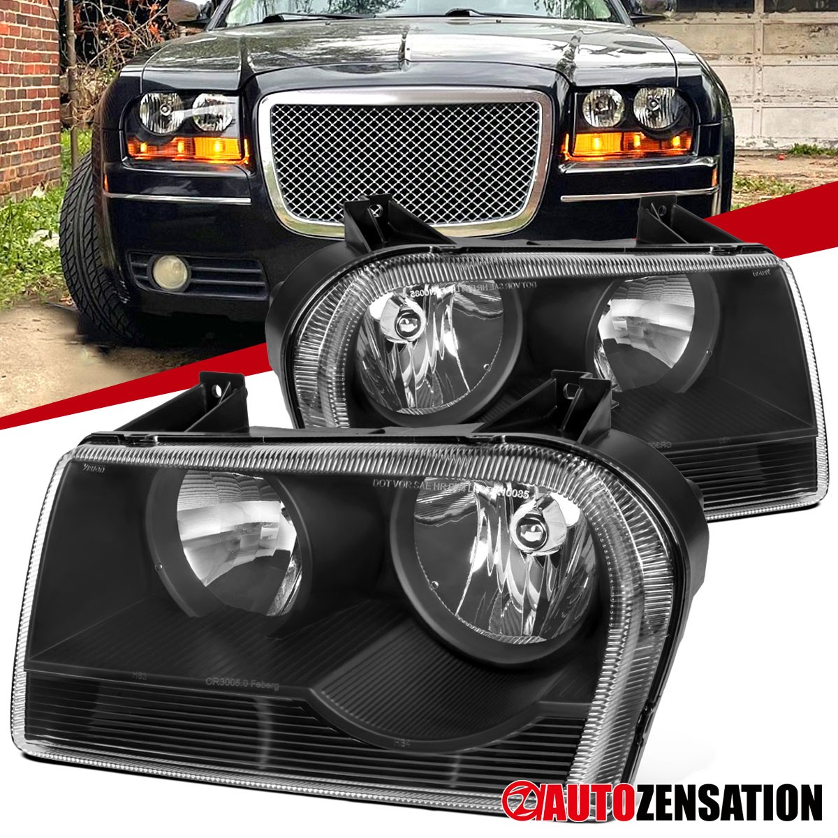 Fit 2005-2010 Chrysler 300 Black Halogen Headlights Headlamps Left+Right 05-10 Fit 2005-2010 Chrysler 300 Black Halogen Headlights Headlamps Left+Right 05-10