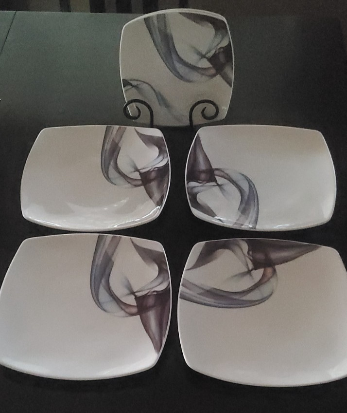 4 Dinner & 2 Salad Square Mikasa KYA Blue & Purple Swirls in EXCELLENT condition