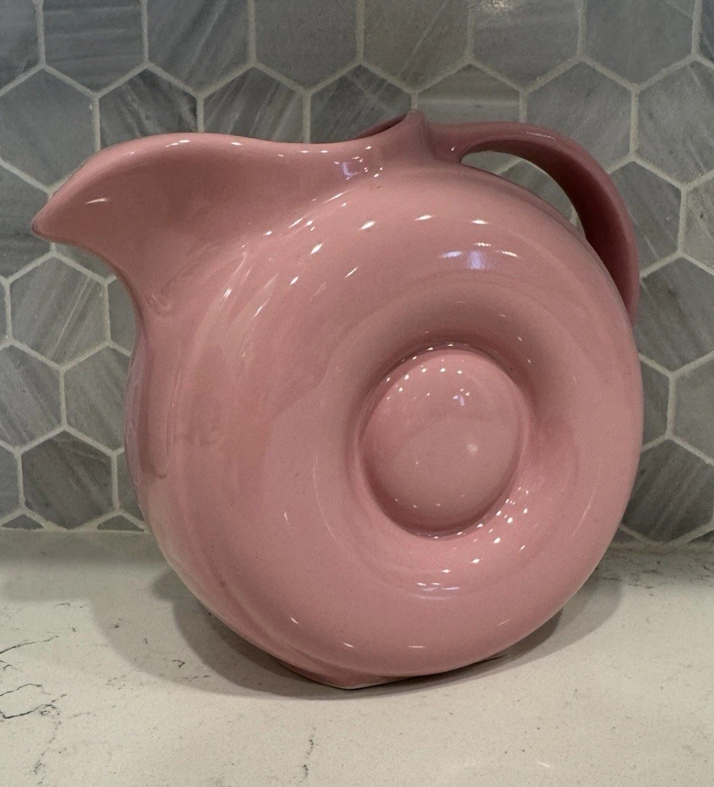 Vintage Hall China Pink Donut Pitcher, Art Deco MCM Pottery Water Jug USA