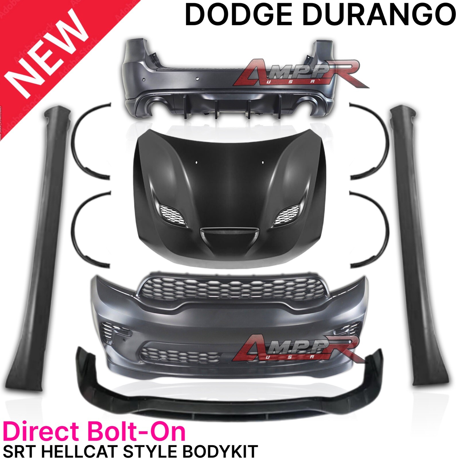 Fits 11-23 Dodge Durango Hellcat Style SRT Front Rear Bumper Side Skirt Hood Lip