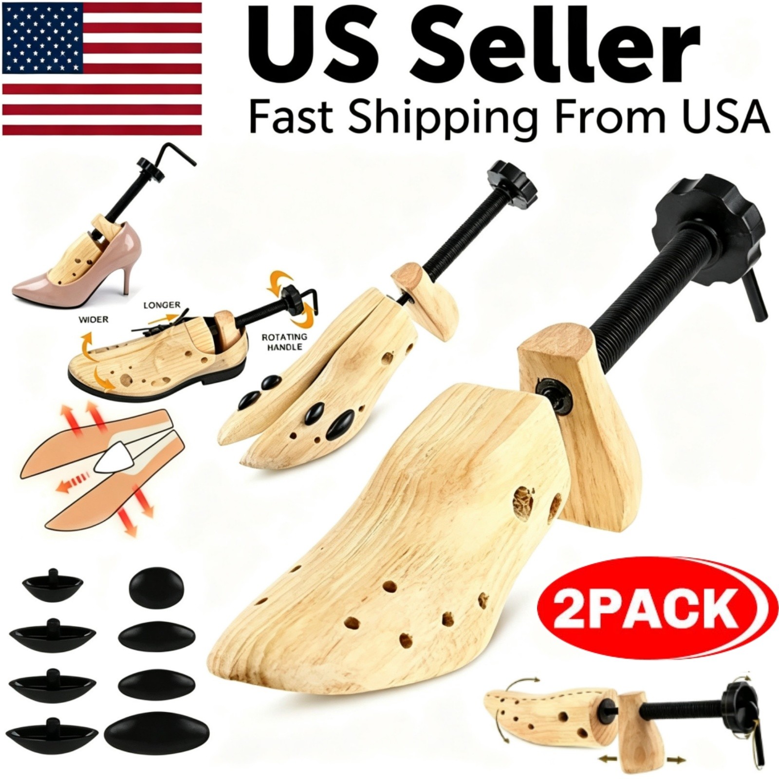 2025 One Pair 2-way Wooden Adjustable Shoe Stretcher for Men Women Size 9-13 New