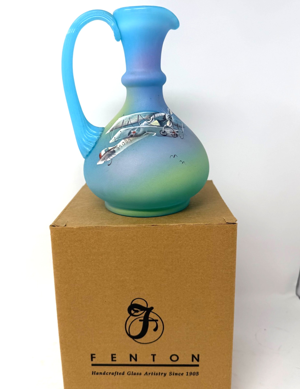 Fenton Sky Blue Pitcher Biplane Signed JK Spindler 5/5 On a wing and a Prayer