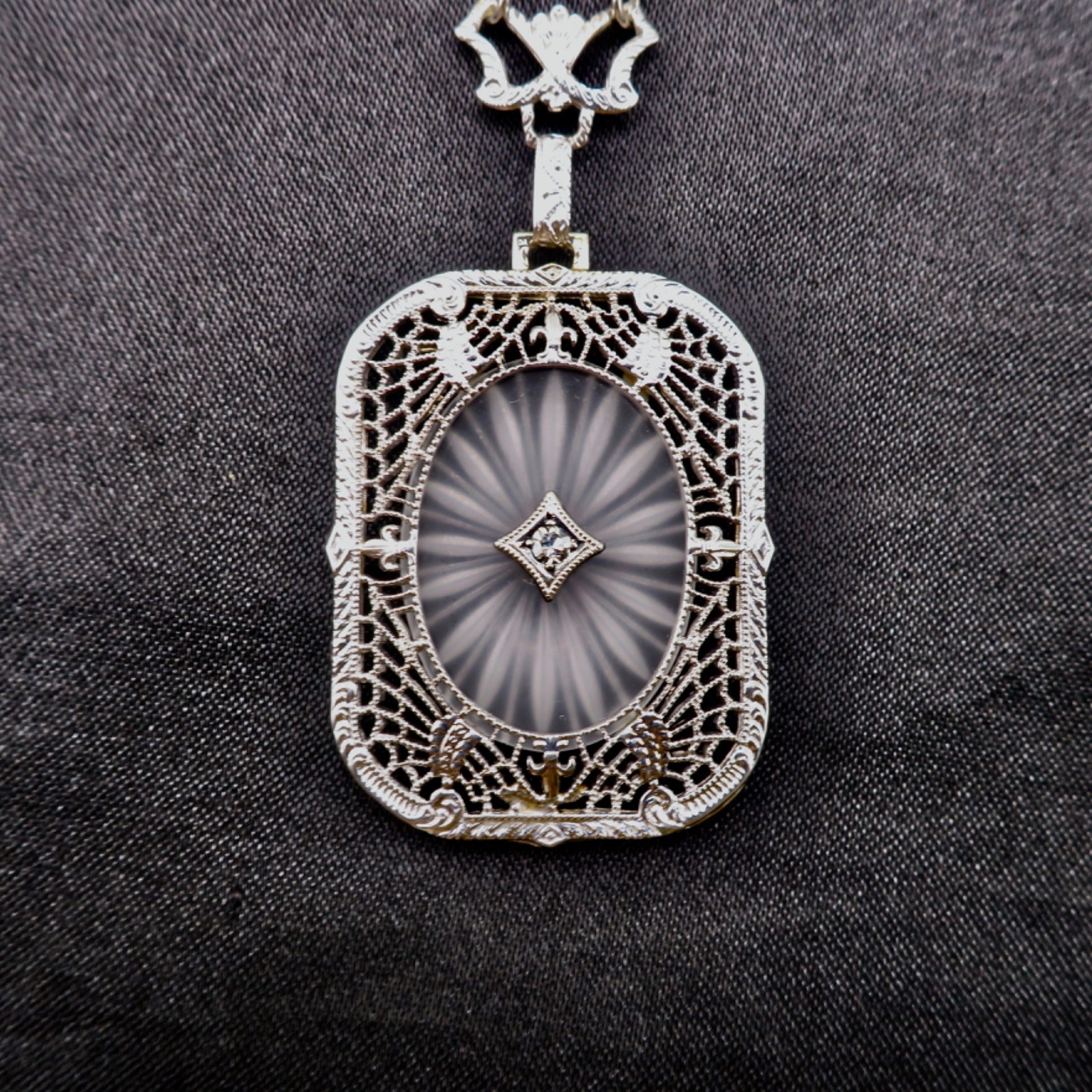 Vintage 14K White Gold Art Deco Camphor Glass Diamond Filigree Necklace 17