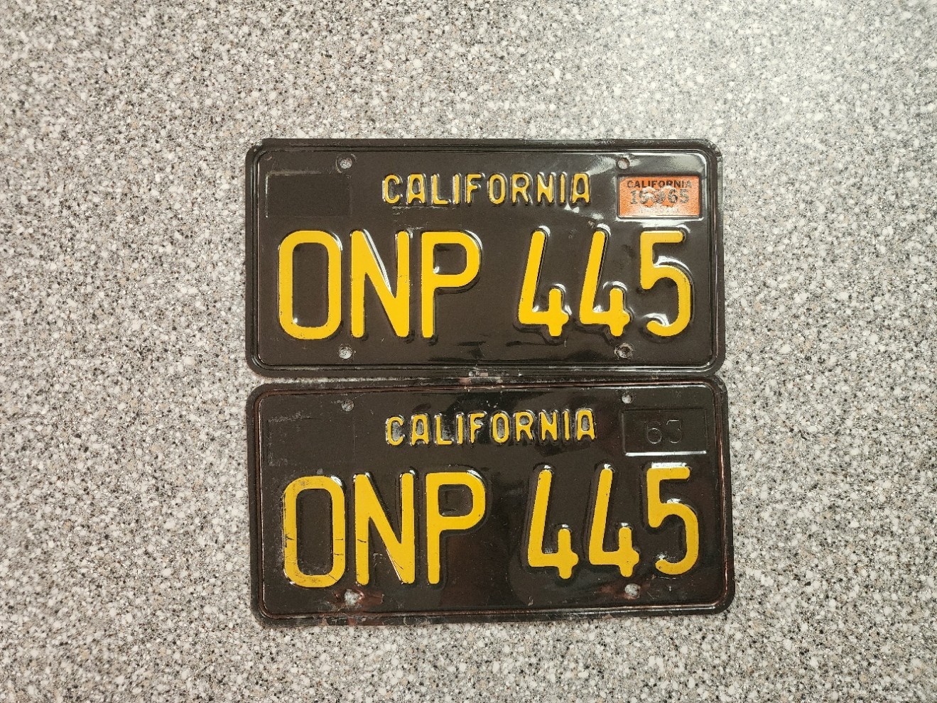 1963 Black California License Plates, 1965 Validation Sticker, DMV Clear,