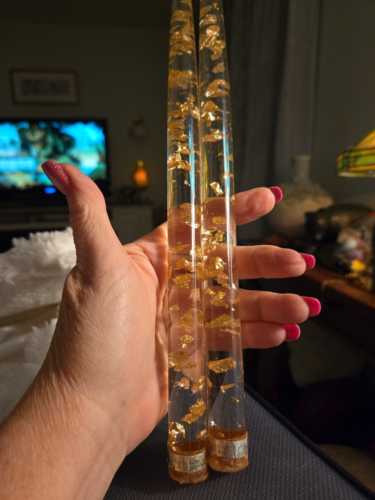 2 Vintage 12” Lucite Candles Clear with Gold Flakes
