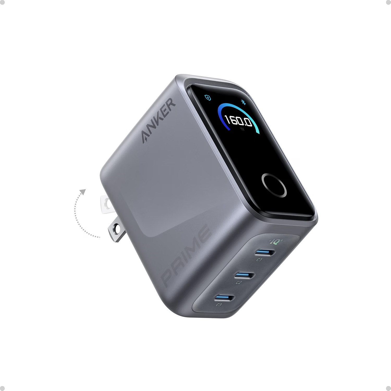 Anker Prime Charger 160W 3-Port Compact GaN USB Block Smart Display Touch