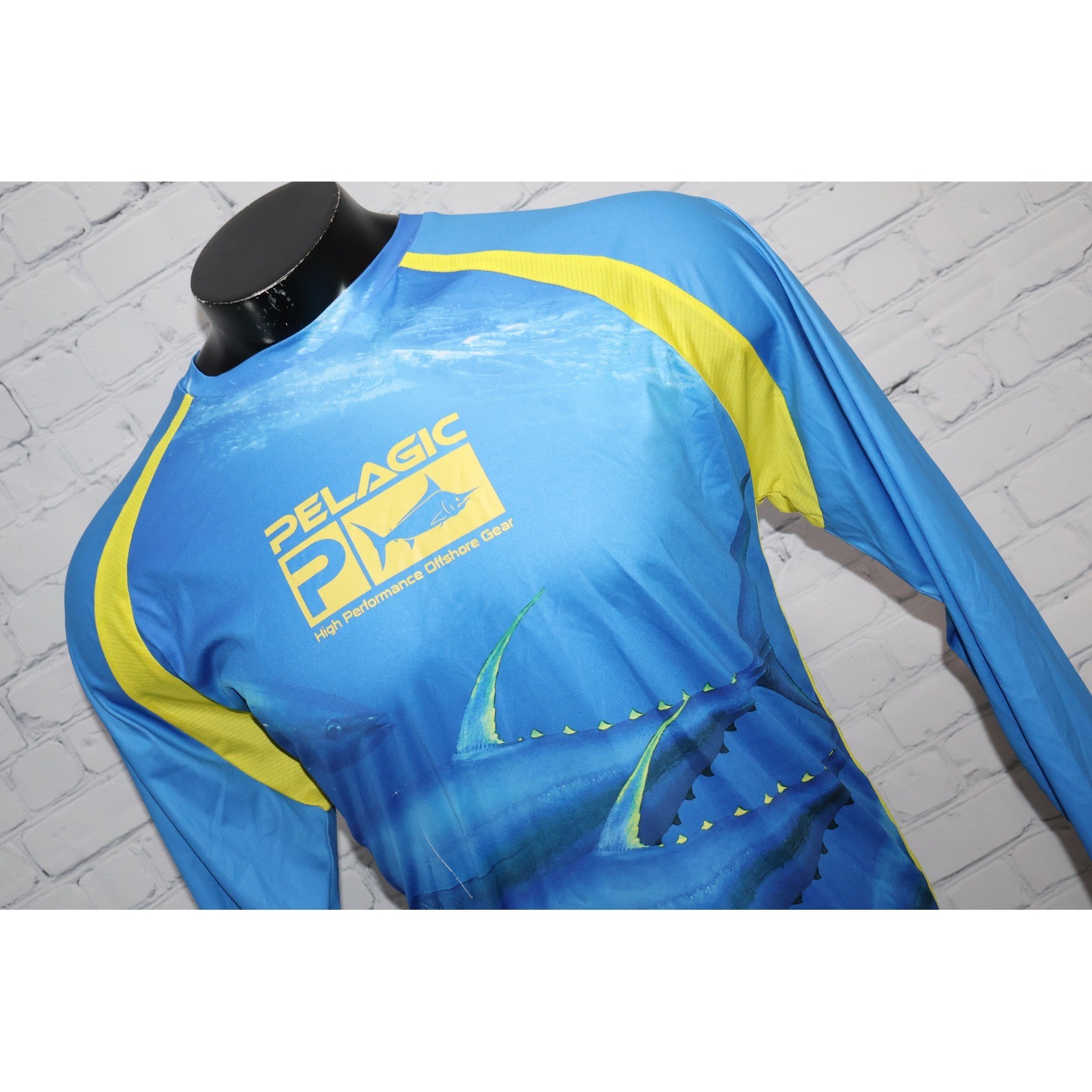 Pelagic Fishing Shirt Mens XL Blue Yellow VaporTek Performance Long Sleeve Tuna
