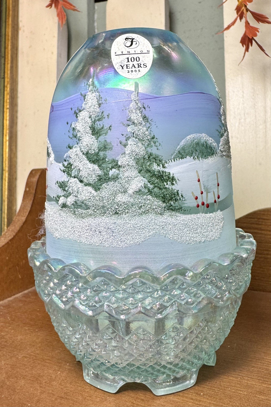 RARE FENTON Glass Opalescent Teal Blue Fairy Lamp Museum Collection Signed GLOWS