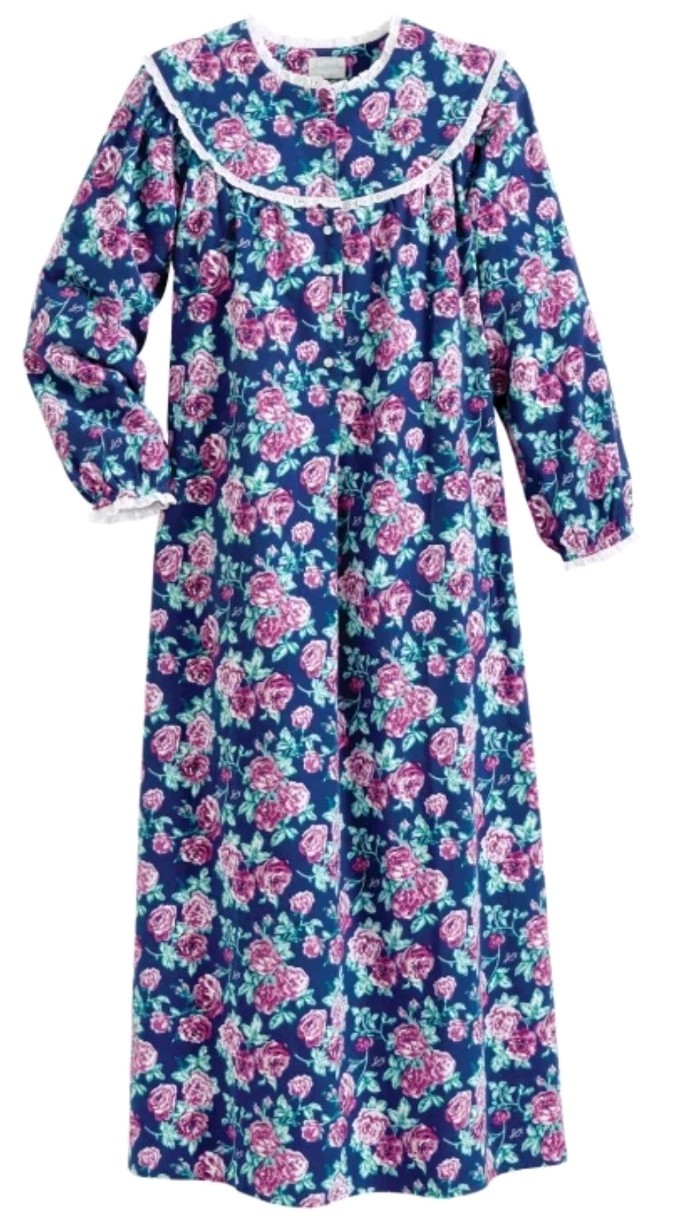 Lanz of Salzburg Size Medium Flannel Sleepwear Nantucket Roses Navy Floral
