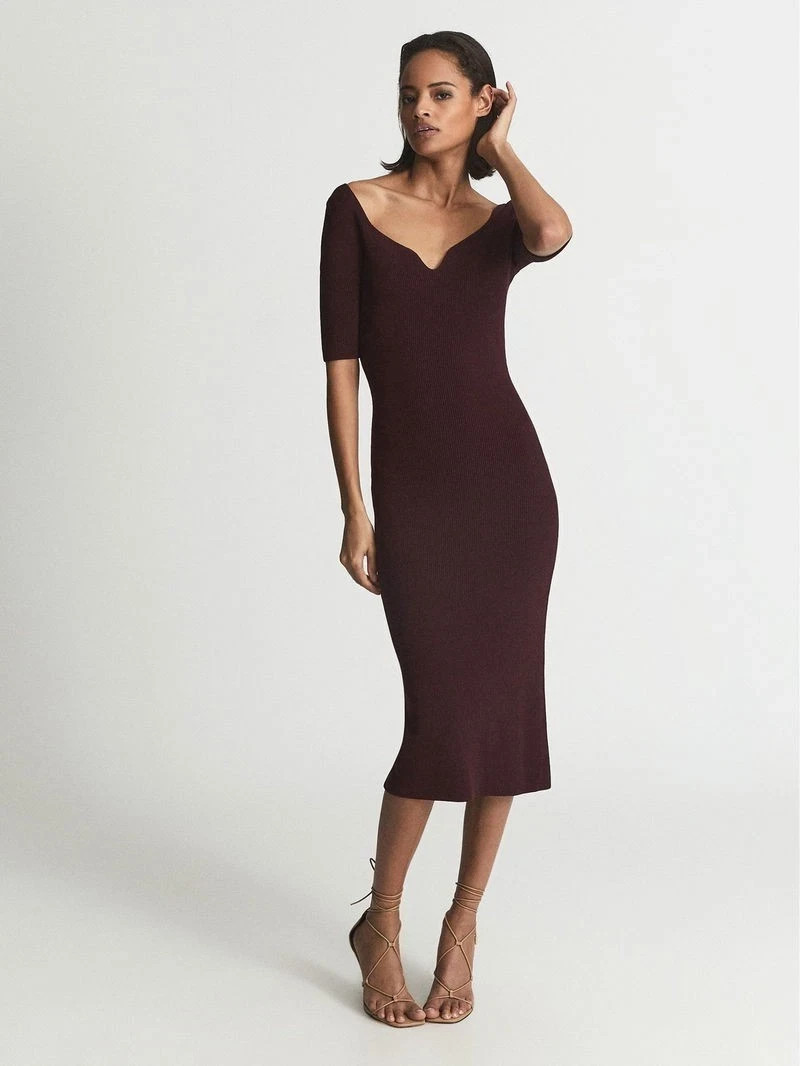 ⭐REISS Olivia Sweetheart Neck Midi Dress in Burgundy MEDIUM