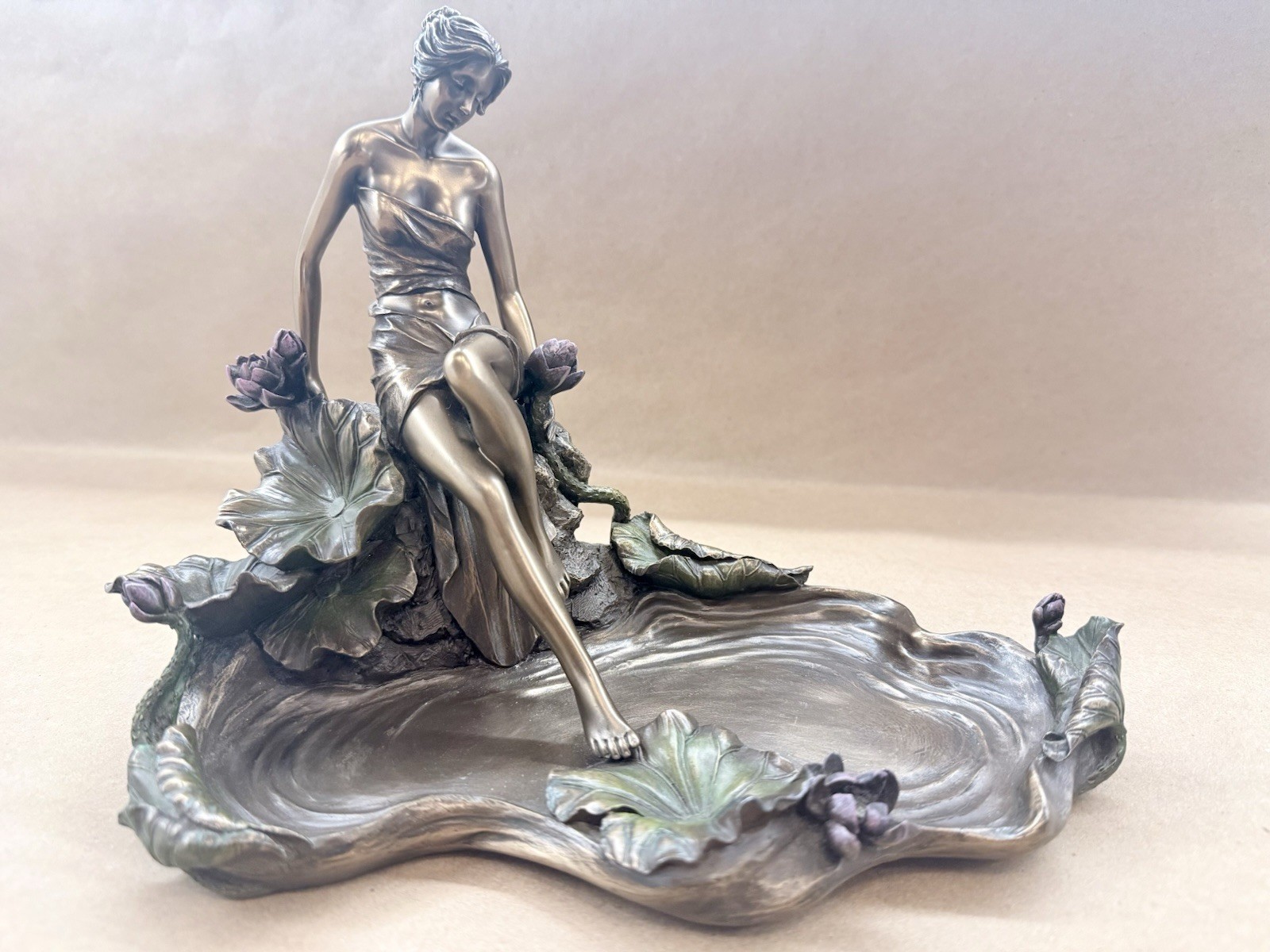 Veronese Art Nouveau Lady Stepping In Water Bronze Resin Trinket Tray