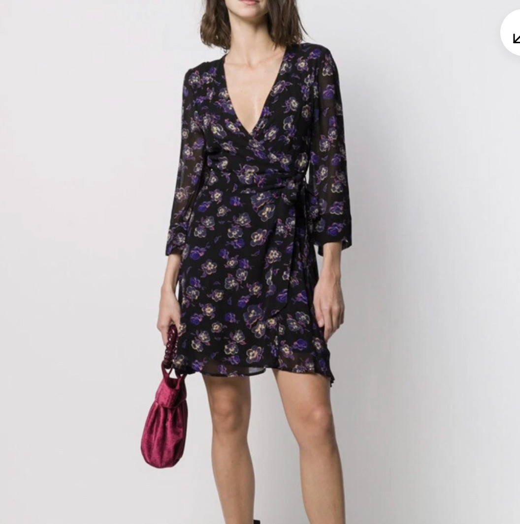 Ganni Georgette Mini Wrap Dress Size 38 (US 6) Black And Purple Floral ($365)