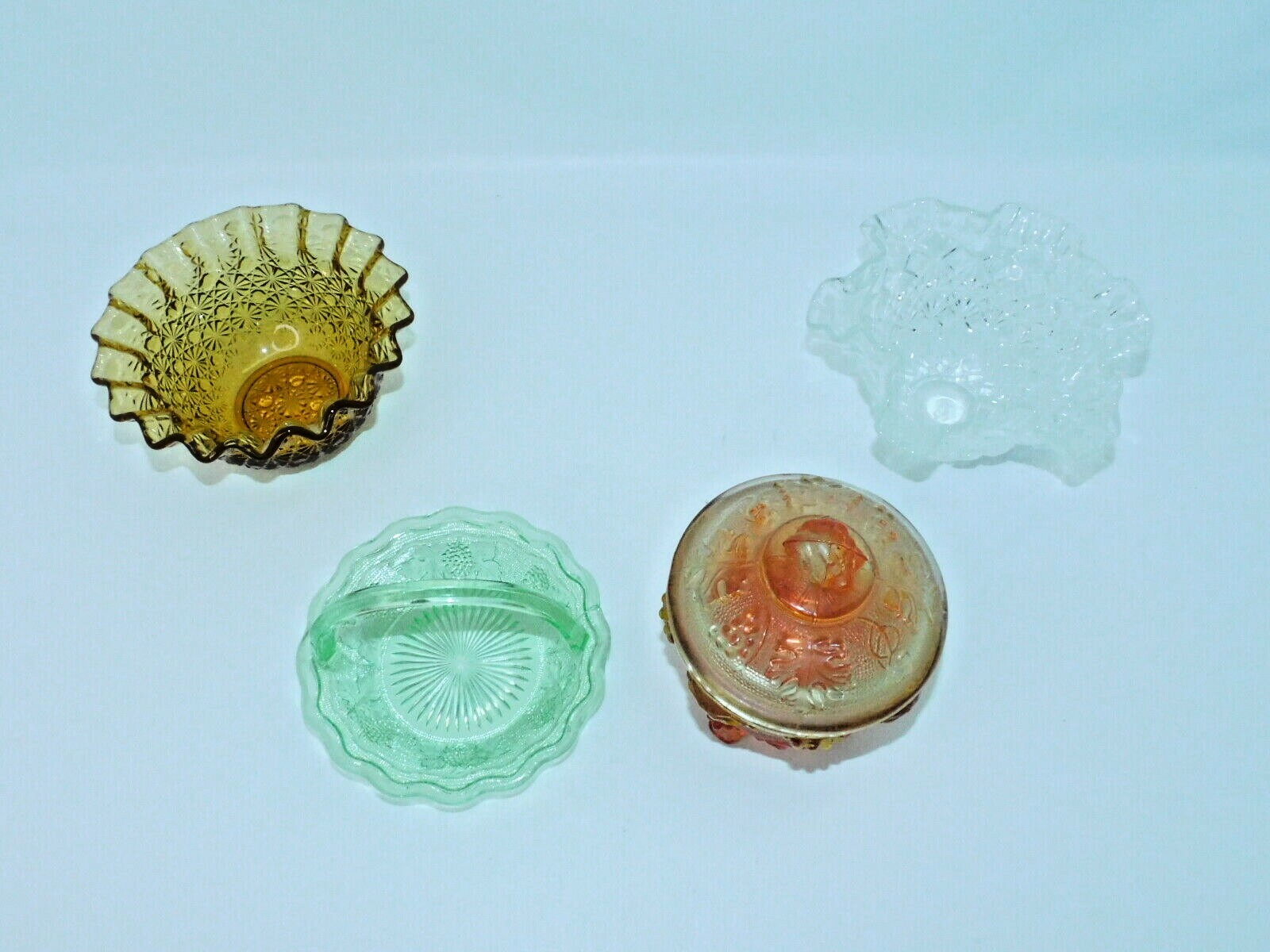 4 Vintage Amber Green Jeannette Depression Pressed Glassware Candy Dish Basket.