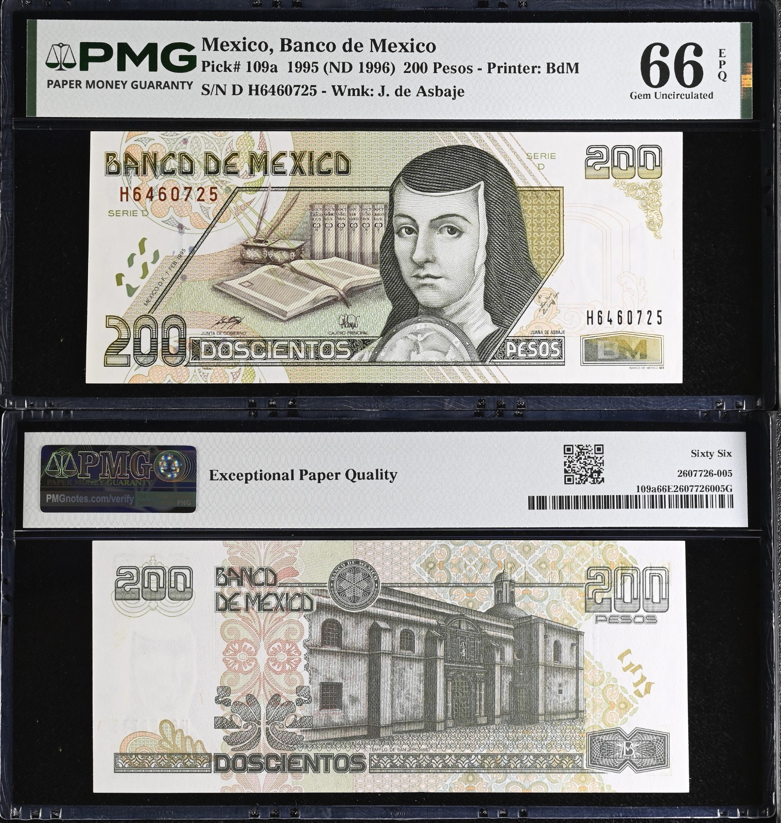 Banco de Mexico 200 Pesos 7-2-1995 series D #H6460725, PMG 66 EPQ, P-109a.