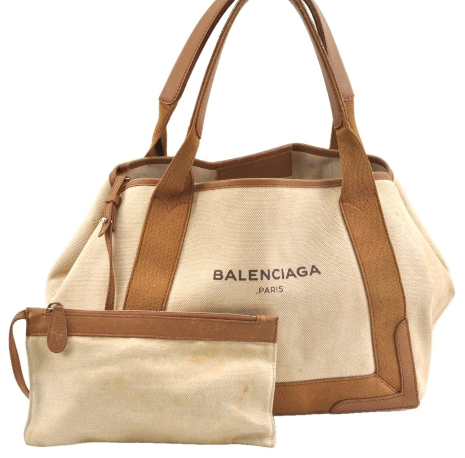 Authentic BALENCIAGA Navy Caba S Hand Bag Canvas Leather 339933 Beige AC401