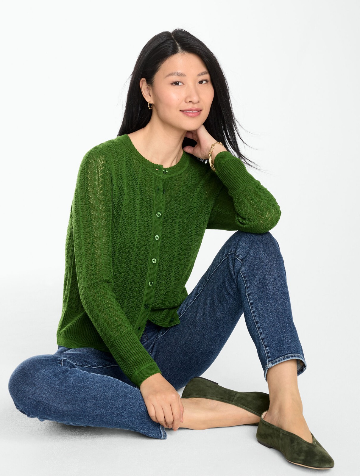Pointelle Charming Cardigan Talbots, NWT $99.5, color LANDSCAPE GREEN, all size Pointelle Charming Cardigan Talbots, NWT $99.5, color LANDSCAPE GREEN, all size
