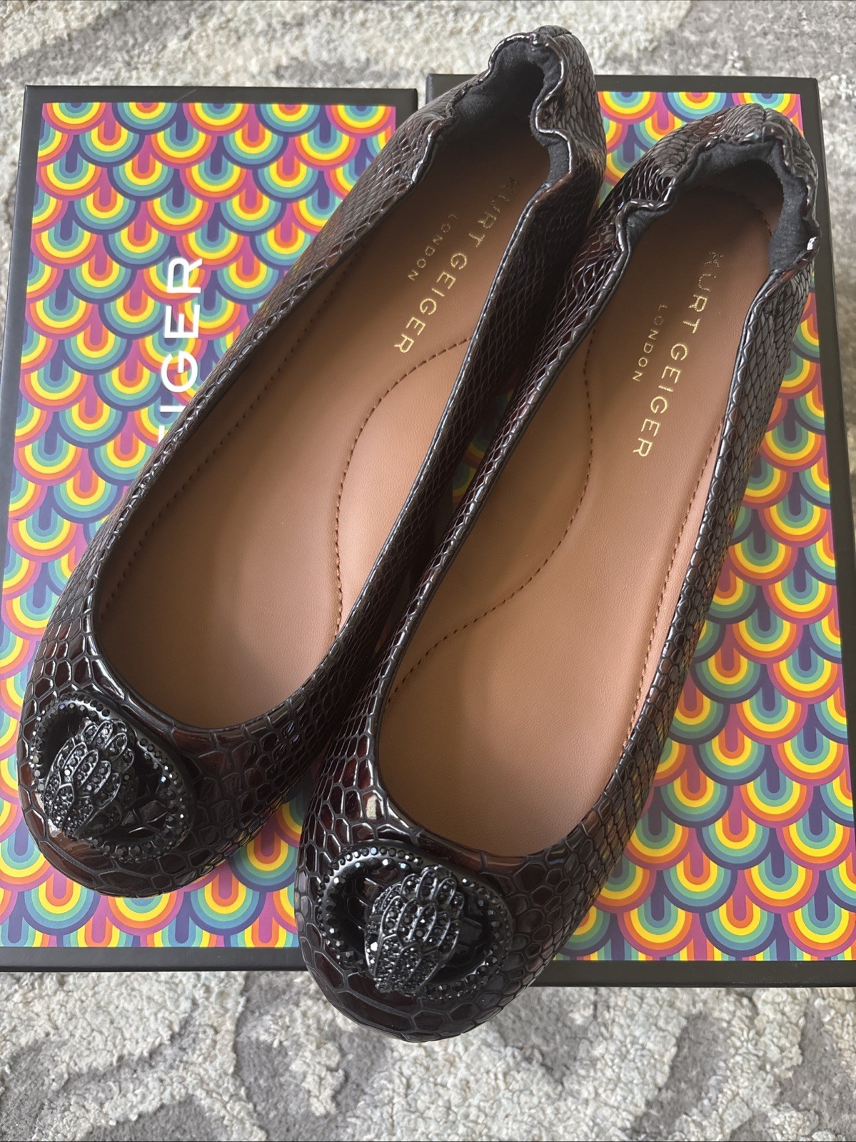 Kurt Geiger London Chelsea Leather Logo Ballerina Flats Pumps Brown/Black-8/38.5