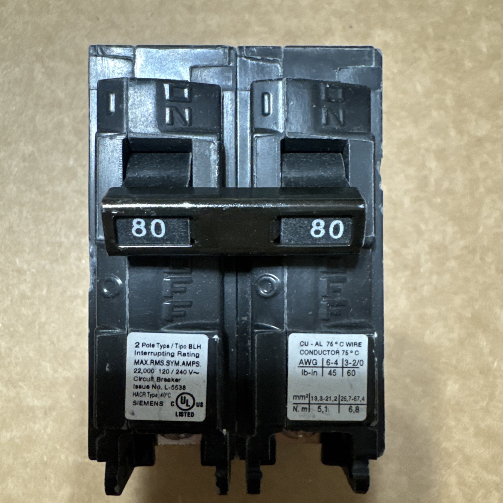 Siemens B280H 80 Amp 2 Pole 120/240V Mini Circuit Breaker
