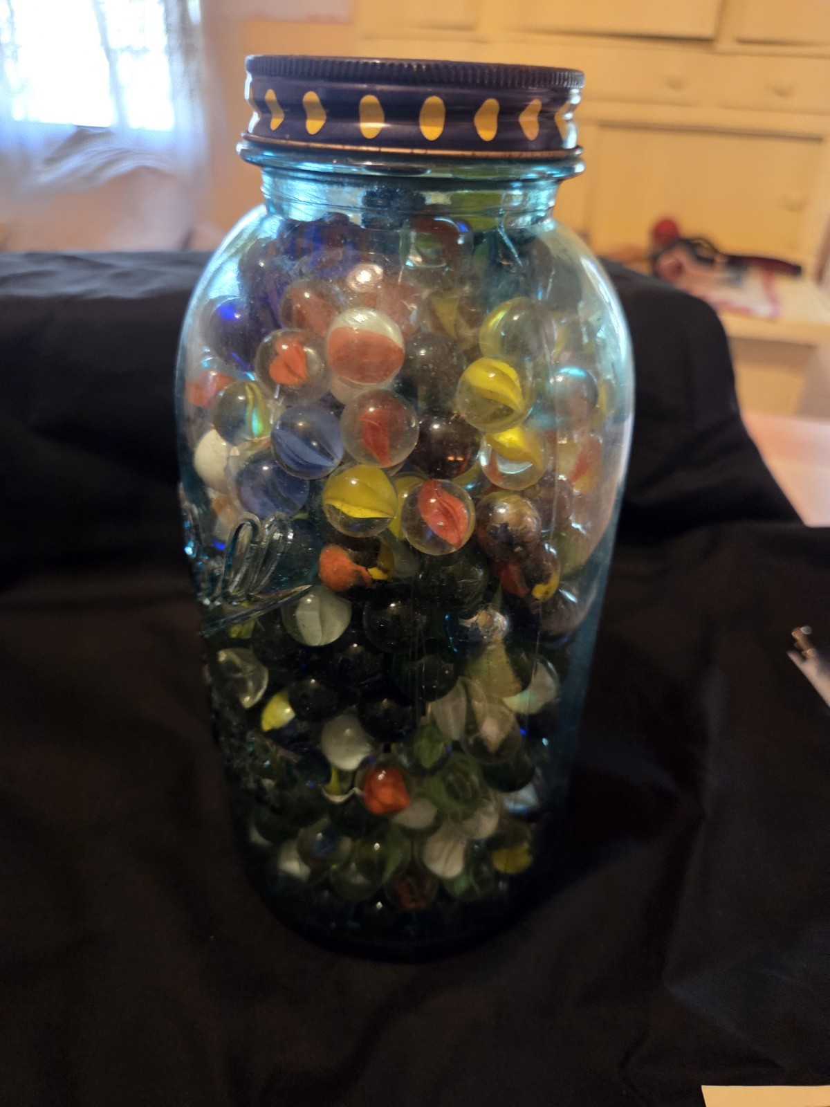 Vintage Blue 1/2 Gallon Ball Mason Jar Filled with Old Glass Marbles  6.8lbs
