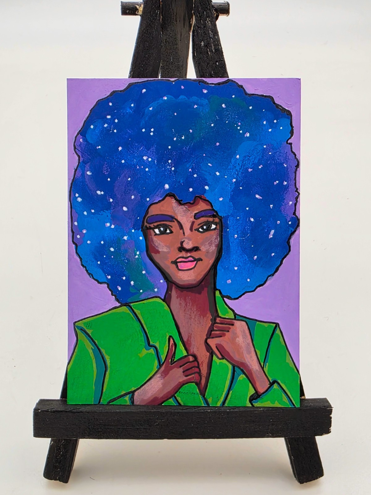 ACEO Beautiful Black Woman Galaxy Portrait Original Painting SLBArtAndDesign