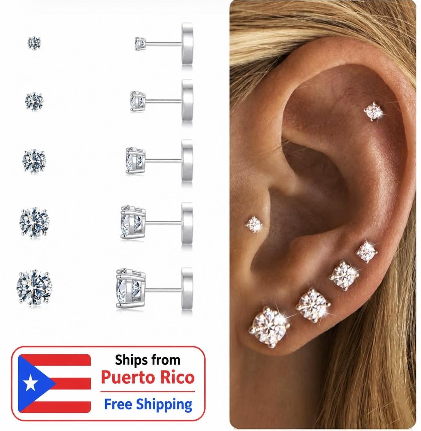 Set de 6 pares de aretes hipoalergénicos de botón y respaldo plano para mujer 