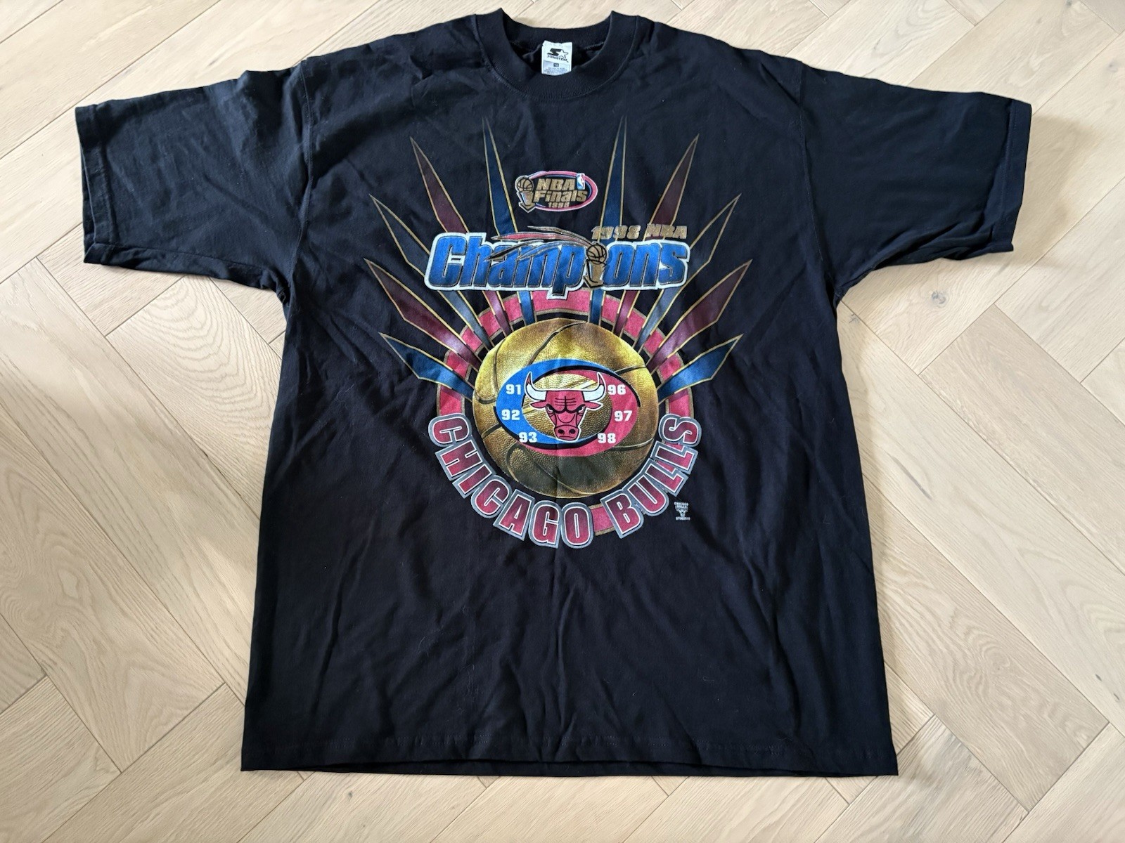 1998 Starter VTG Chicago Bulls NBA Finals Champions Black Tee Shirt Mens Sz XL