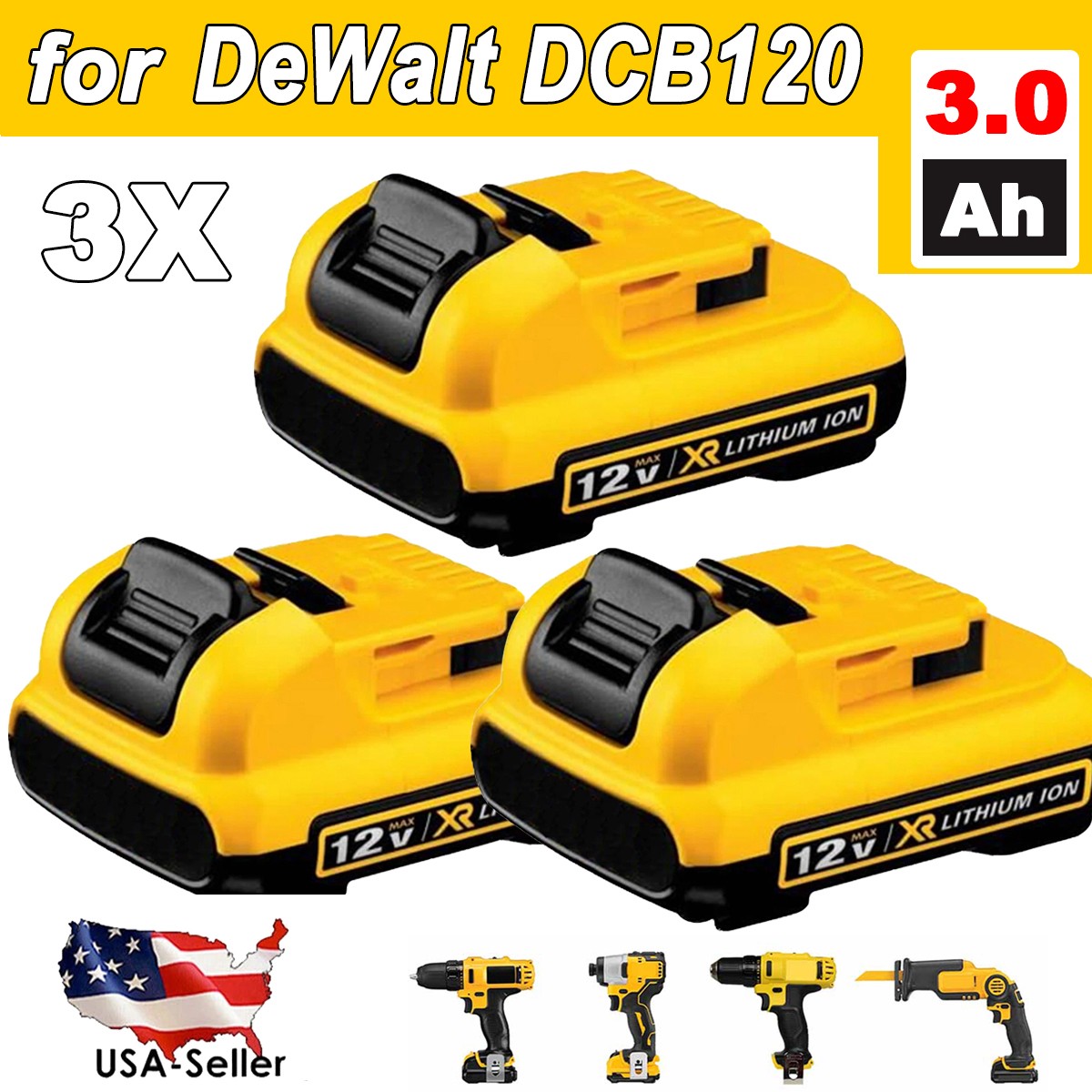 3Pack For DEWALT DCB120 12V 3.0Ah MAX Lithium-Ion Battery 12Volt DCB127-2 DCB122