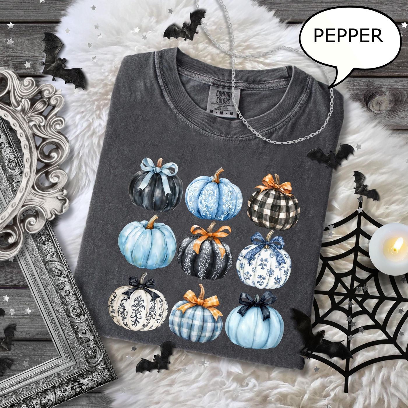 Blue Bow Pumpkin T-Shirt Coquette Fall Tee Women s Comfort Colors®