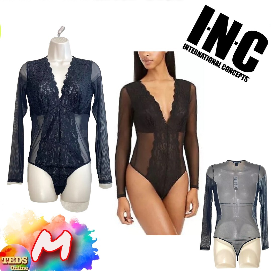 NWT INC Womens M Long-Sleeve Lace Mesh Bodysuit Black 100082360 $40 NWT INC Womens M Long-Sleeve Lace Mesh Bodysuit Black 100082360 $40