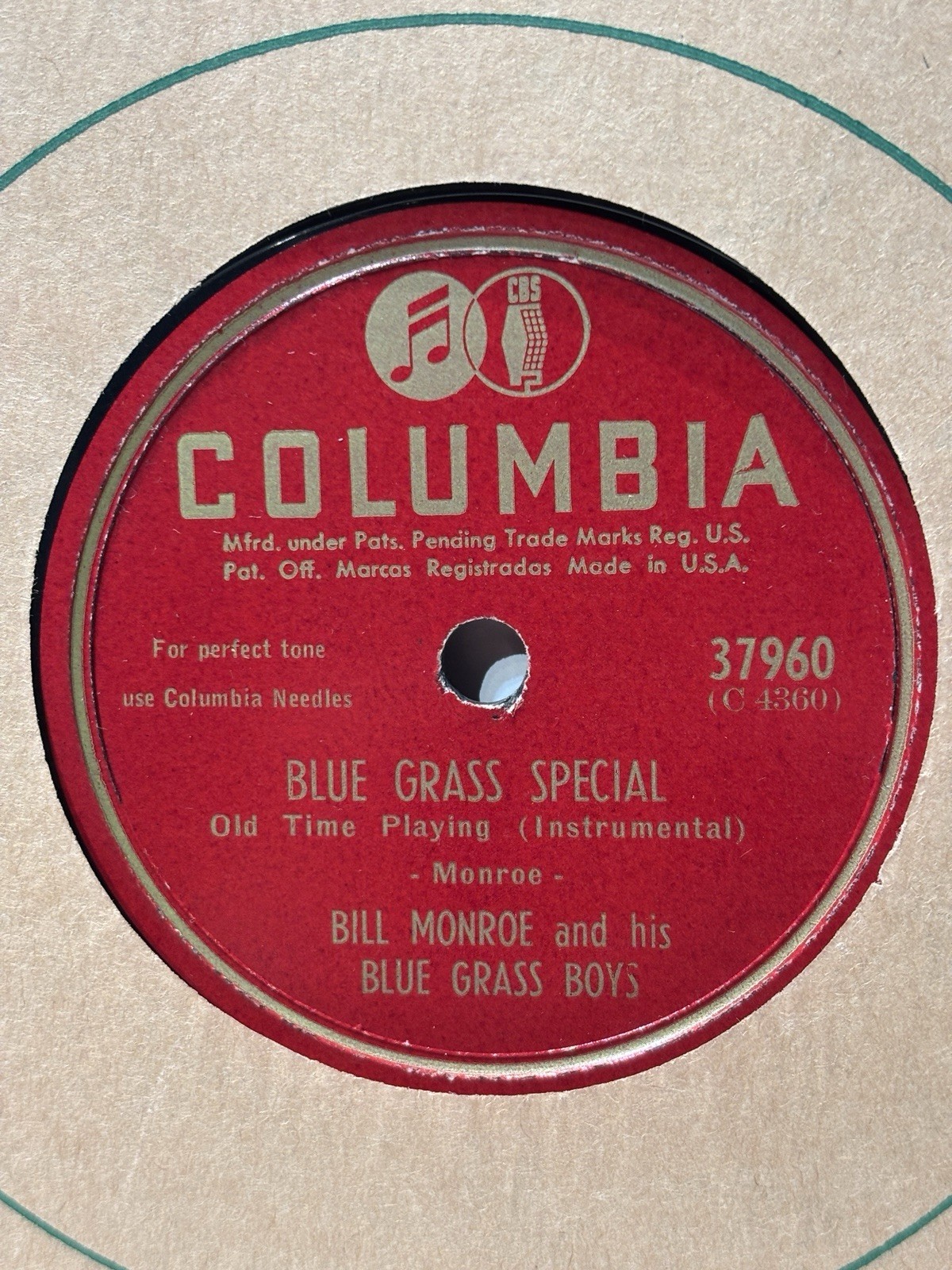 78rpm BILL MONROE and his BLUE GRASS BOYS Blue Grass Special  1947 Columbia  E+