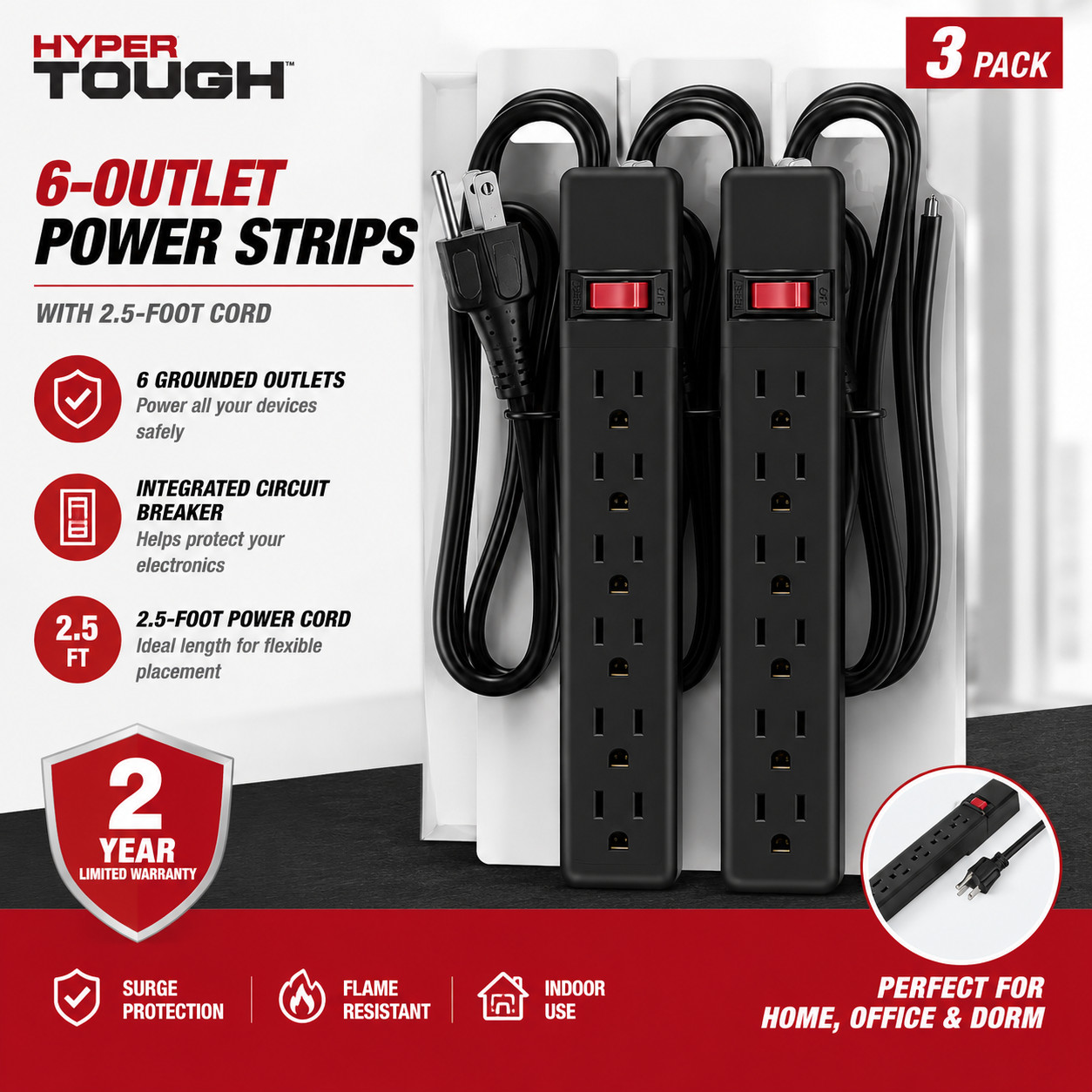 Hyper Tough 6-Outlet Indoor Power Strip, 2.5 ft Cord, UL/ETL Certified, Black