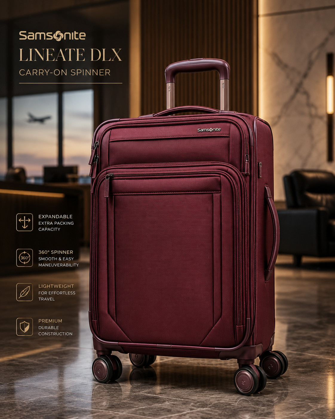 Samsonite Lineate DLX Carry-On Expandable Spinner Suitcase Merlot Softside NEW