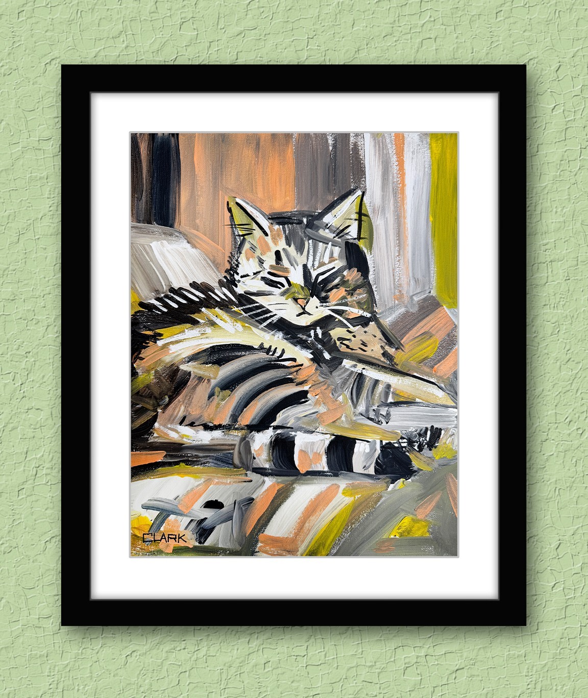 Original Abstract Sleeping Cat #1 Painting - Acrylics On 14x11\