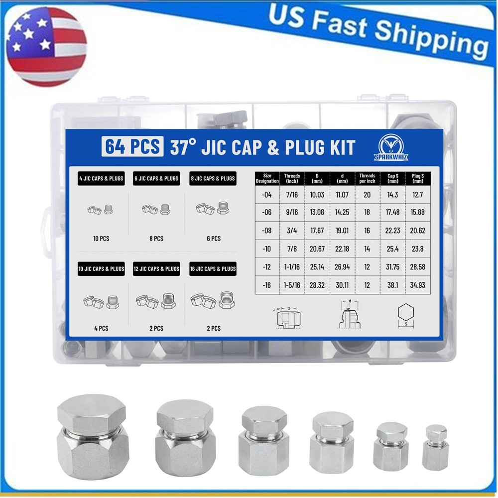 64Pc 37 Degree JIC Cap and Plug Assortment Kit Precision Threading Hydraulic Hos 64Pc 37 Degree JIC Cap and Plug Assortment Kit Precision Threading Hydraulic Hos