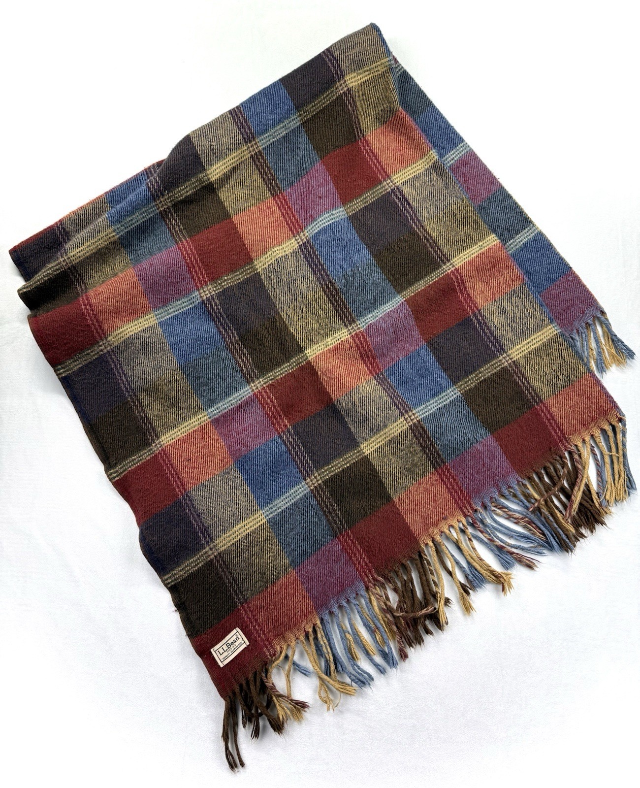 Vtg LL Bean Tartan Wool Throw Blanket Plaid Red Blue 50x49 Soft Warm Fall