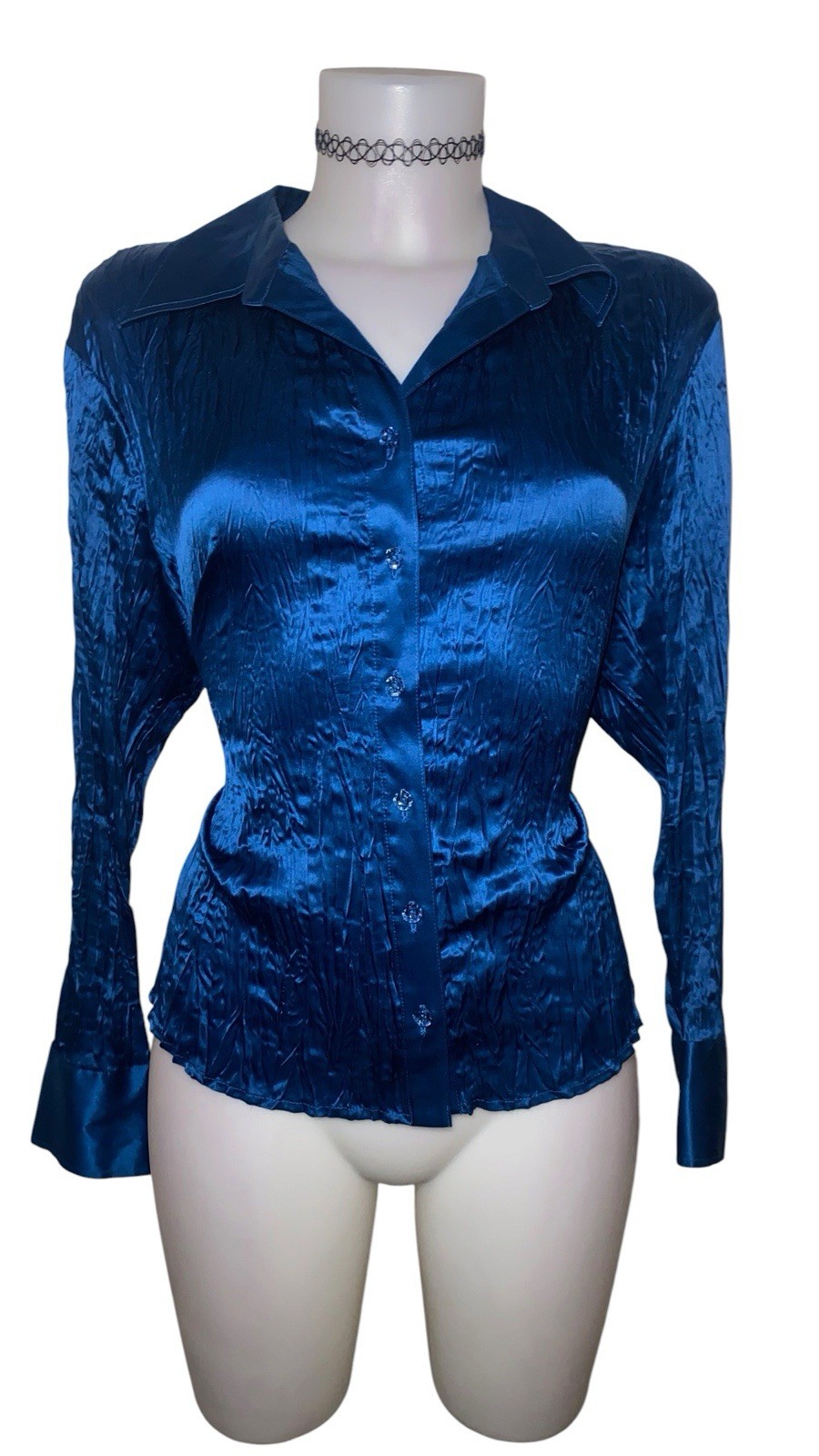 Y2k 90s Womens Victorian Blue 100% Silk Crinkle Top Sz L Whimsigoth Renaissance Y2k 90s Womens Victorian Blue 100% Silk Crinkle Top Sz L Whimsigoth Renaissance