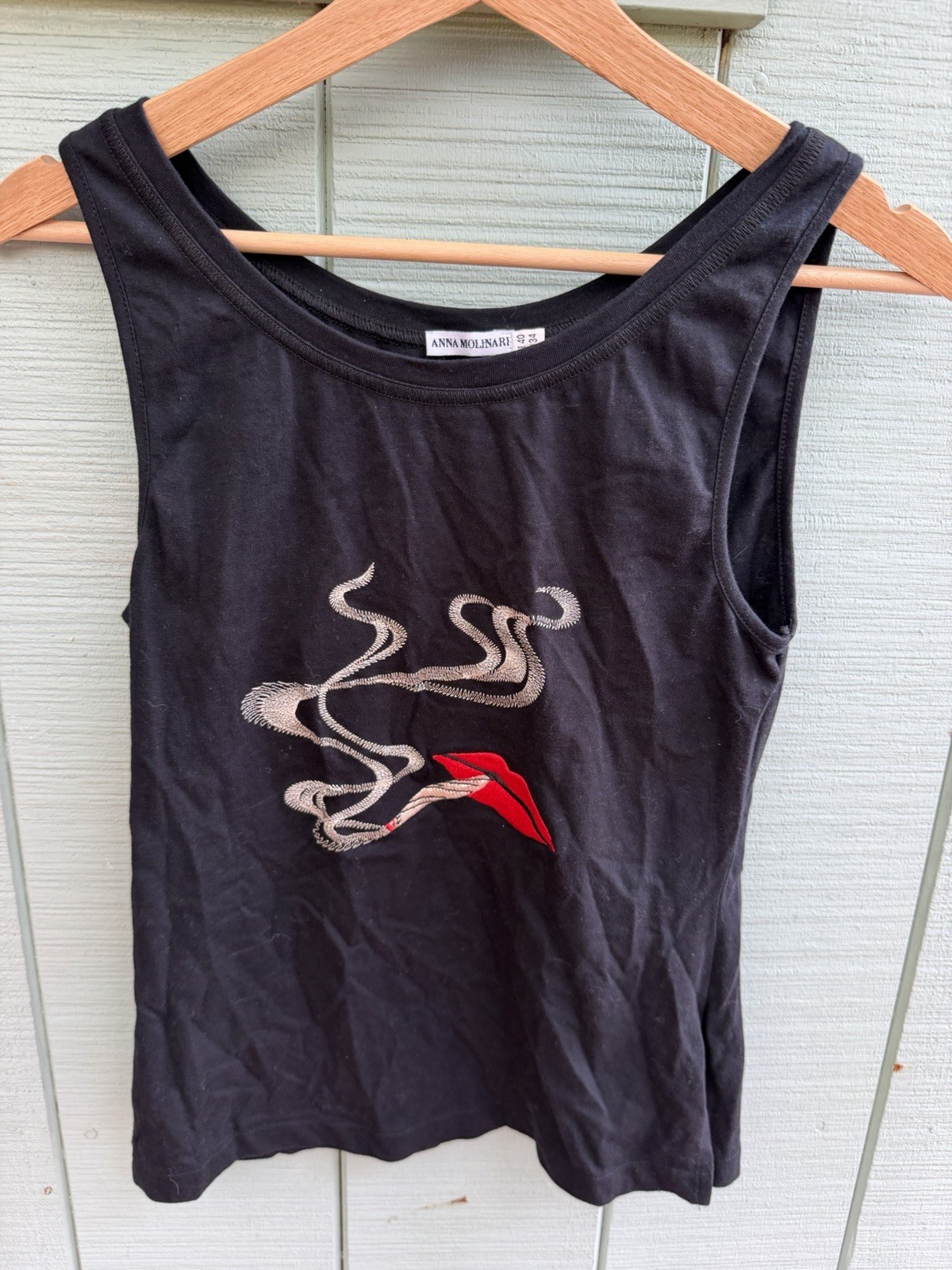 vintage Anna Molinari black cotton tank top Embroidered Lips Cigarette Sz XS