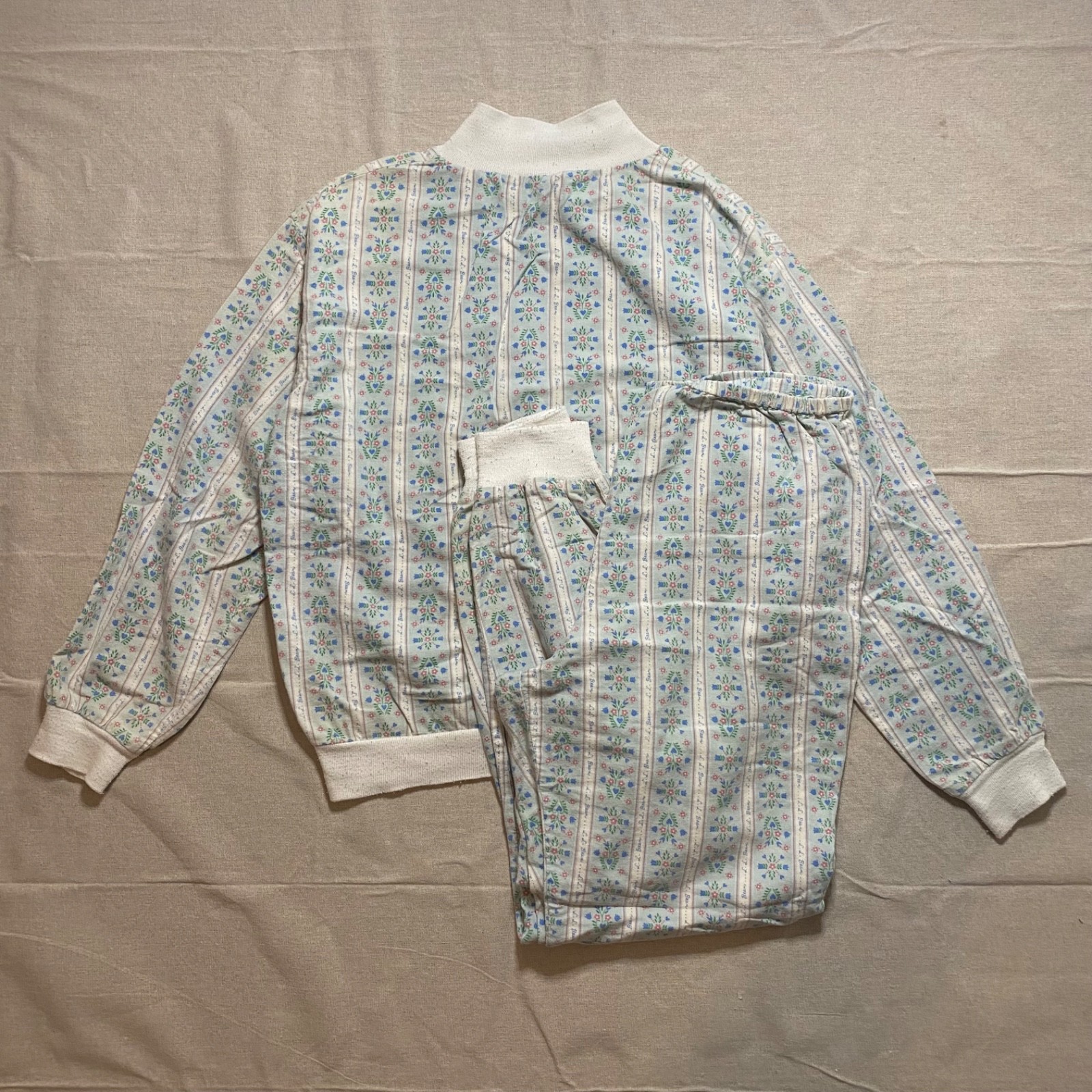 VTG LL Bean Floral Stripe Pajamas Set Pants Top Cotton Knit Size Medium M