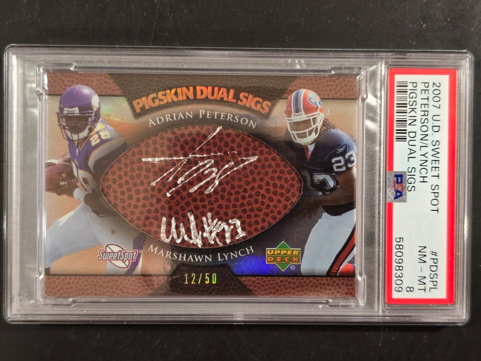 2007 UD SWEET SPOT ADRIAN PETERSON / MARSHAWN LYNCH PIGSKIN DUAL SIGS AUTO /50