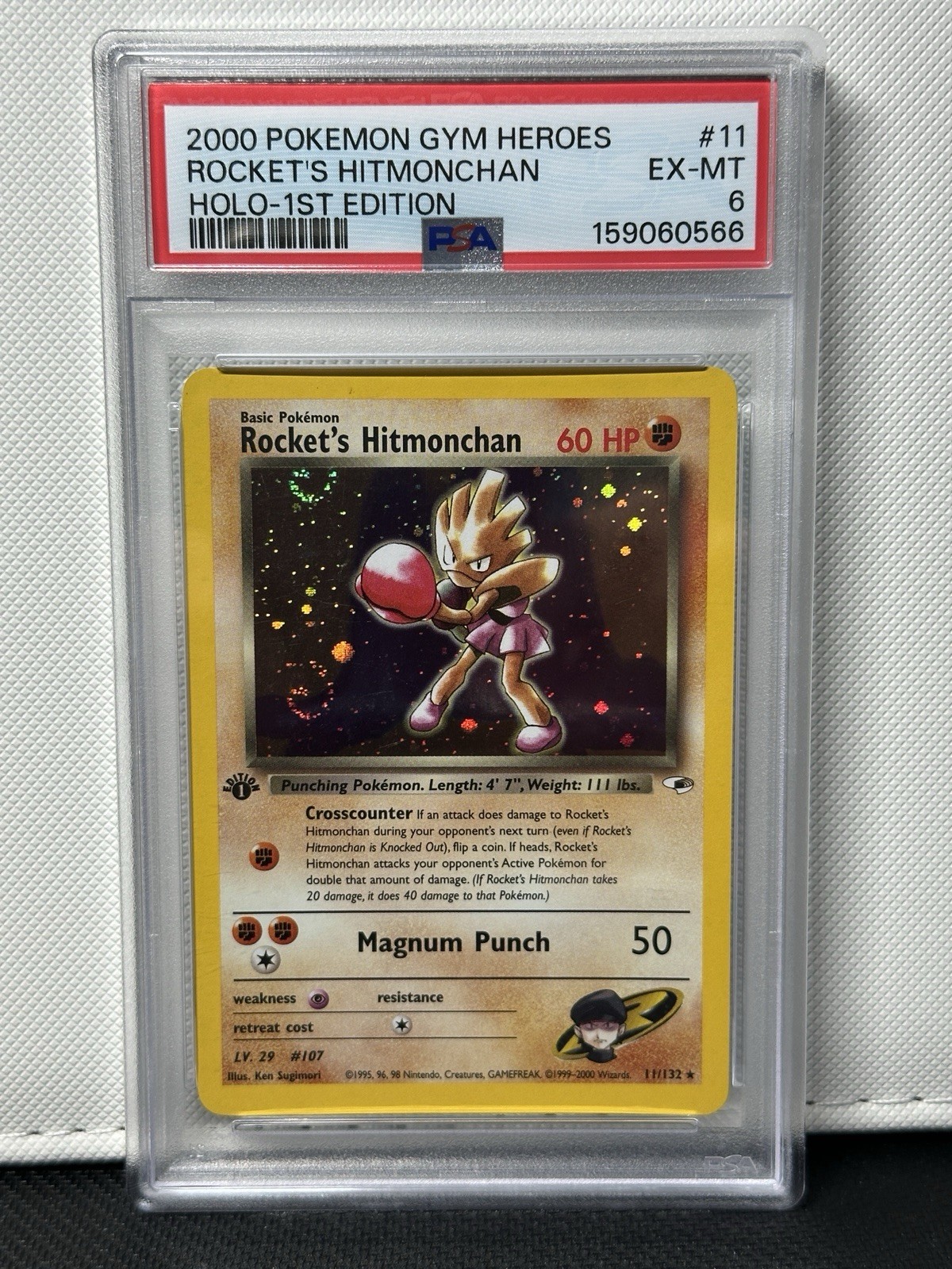 2000 Pokemon Gym Heroes Rocket's Hitmonchan 1st Edition Holo #11 - PSA 6 - EX-MT