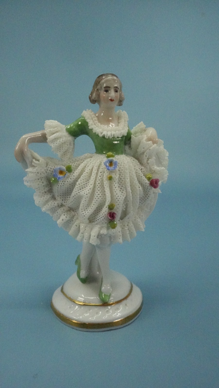 Vintage Volkstedt Dresden Woman Lady Ballerina White Lace Flowers Dress Germany