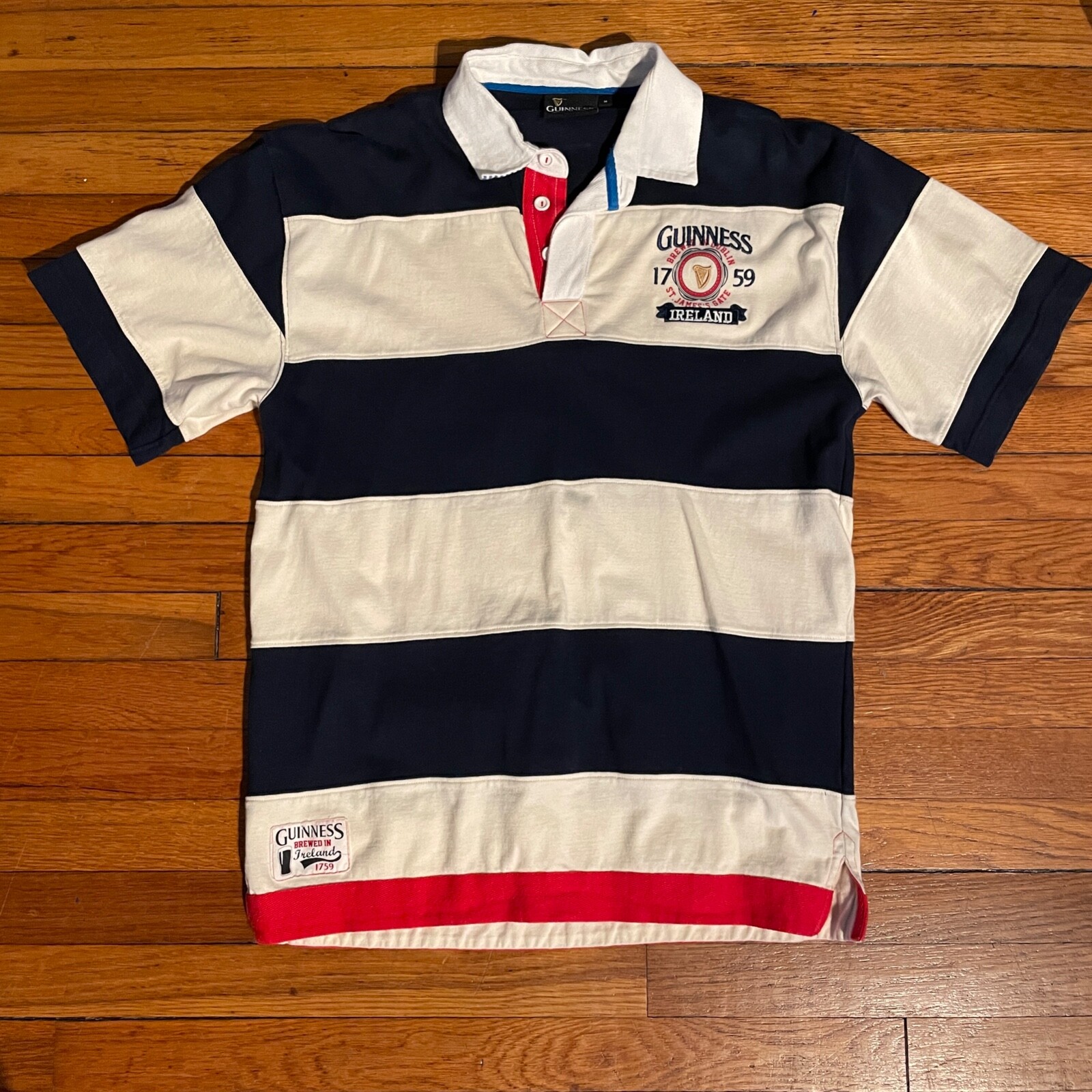 Vintage Guinness Embroidered Rugby Polo Shirt Men Blue White Short Sleeve Size M