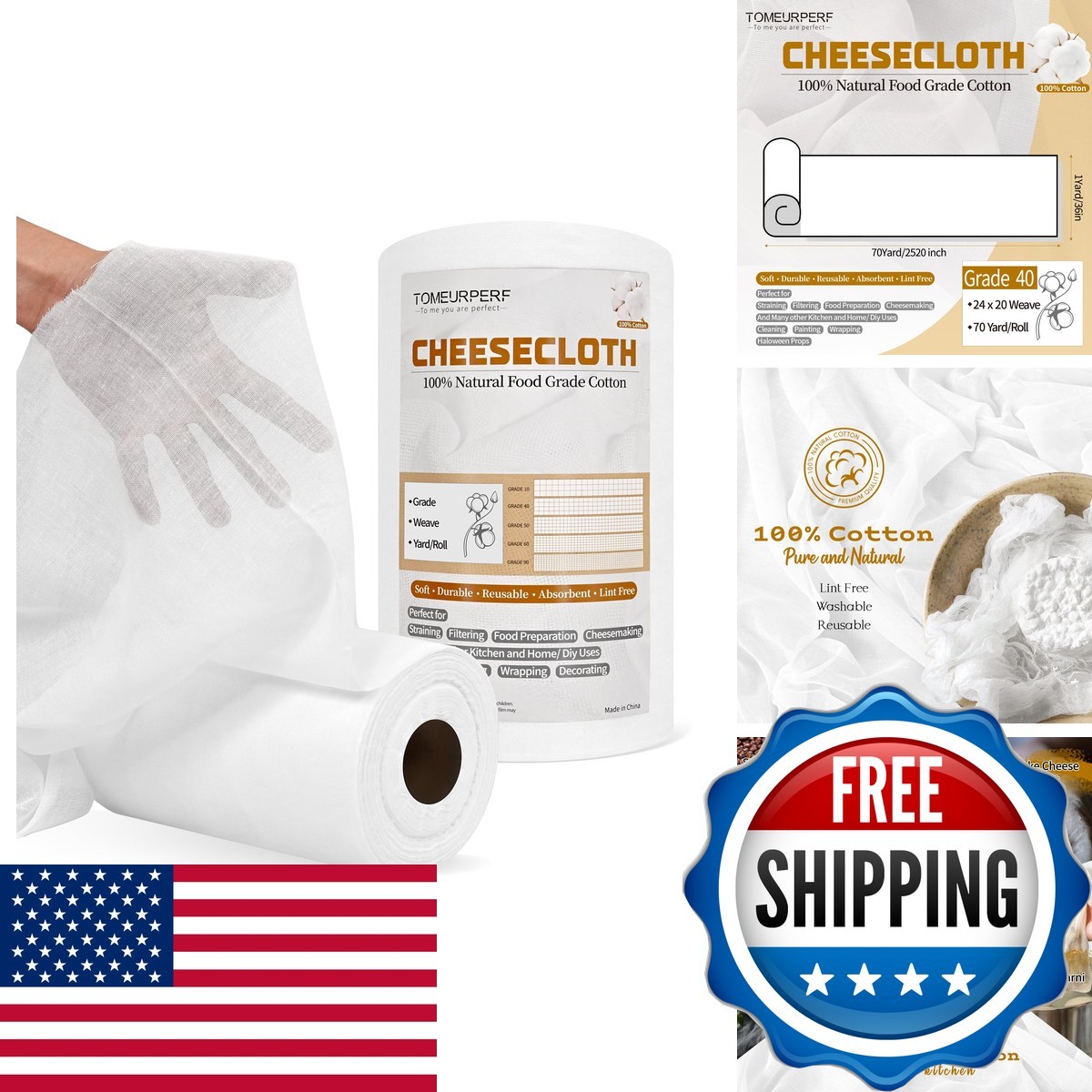 Cheese Cloth 1 Roll 100% Natural Cotton 70 Yard Grade 40 Bleached Cheese Cloth 1 Roll 100% Natural Cotton 70 Yard Grade 40 Bleached