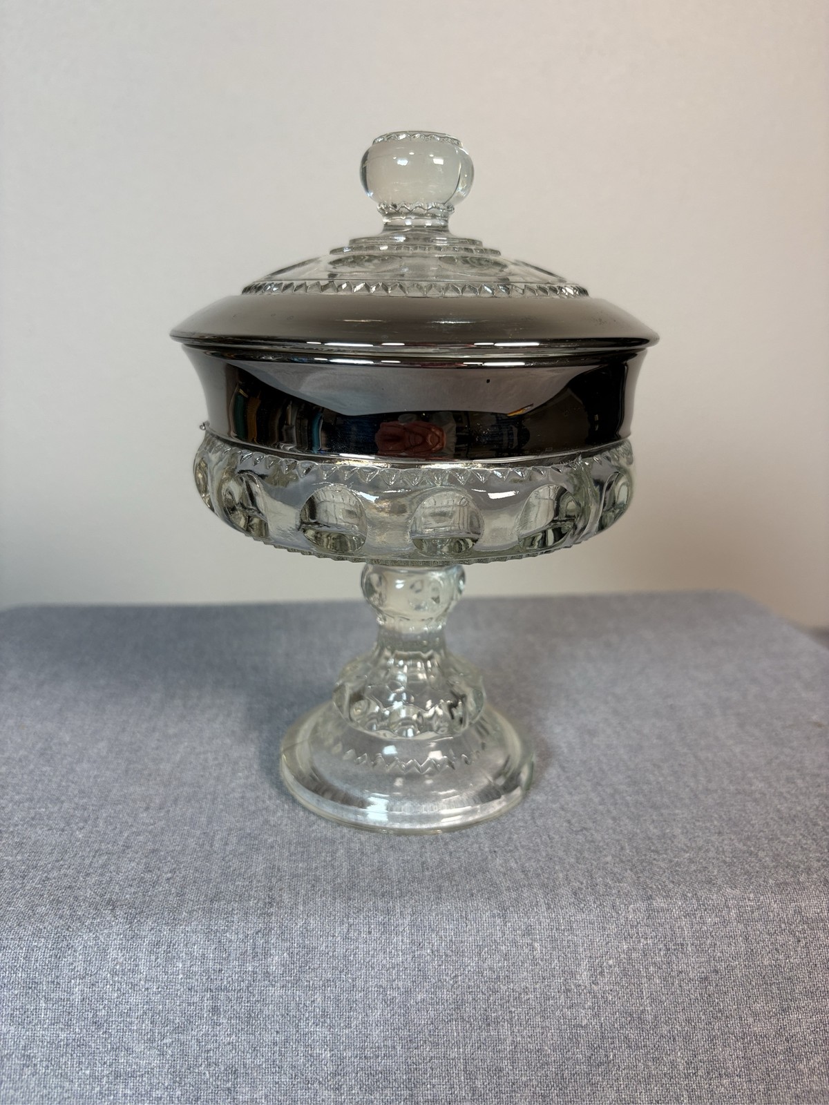 Indiana Glass Kings Crown Thumbprint Lidded Compote Silver Trim Dish