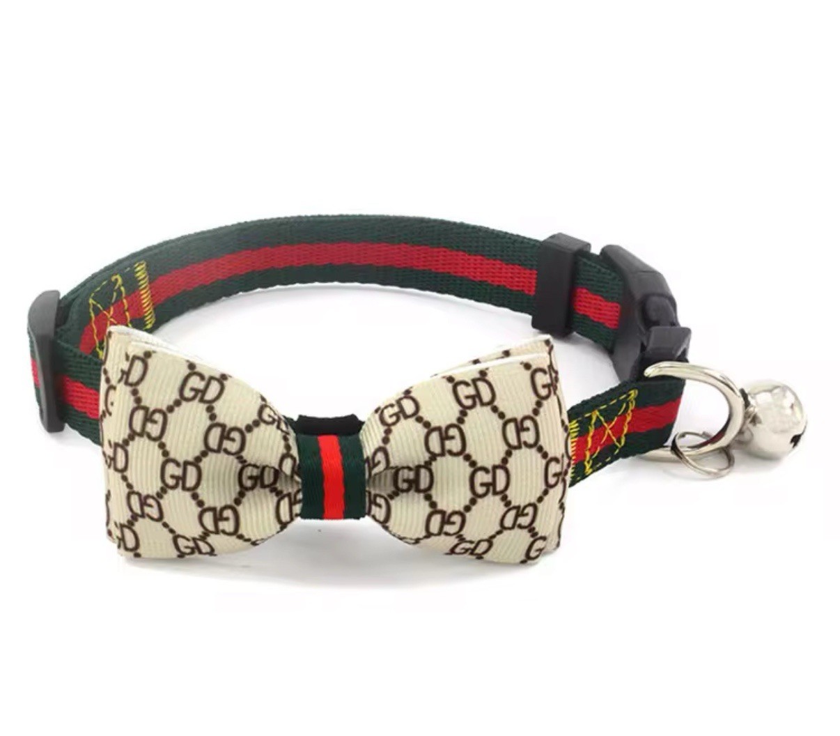 Luxury-Inspired Dog Collar with Bow Tie & Bell – Gucci Style | Sizes S 