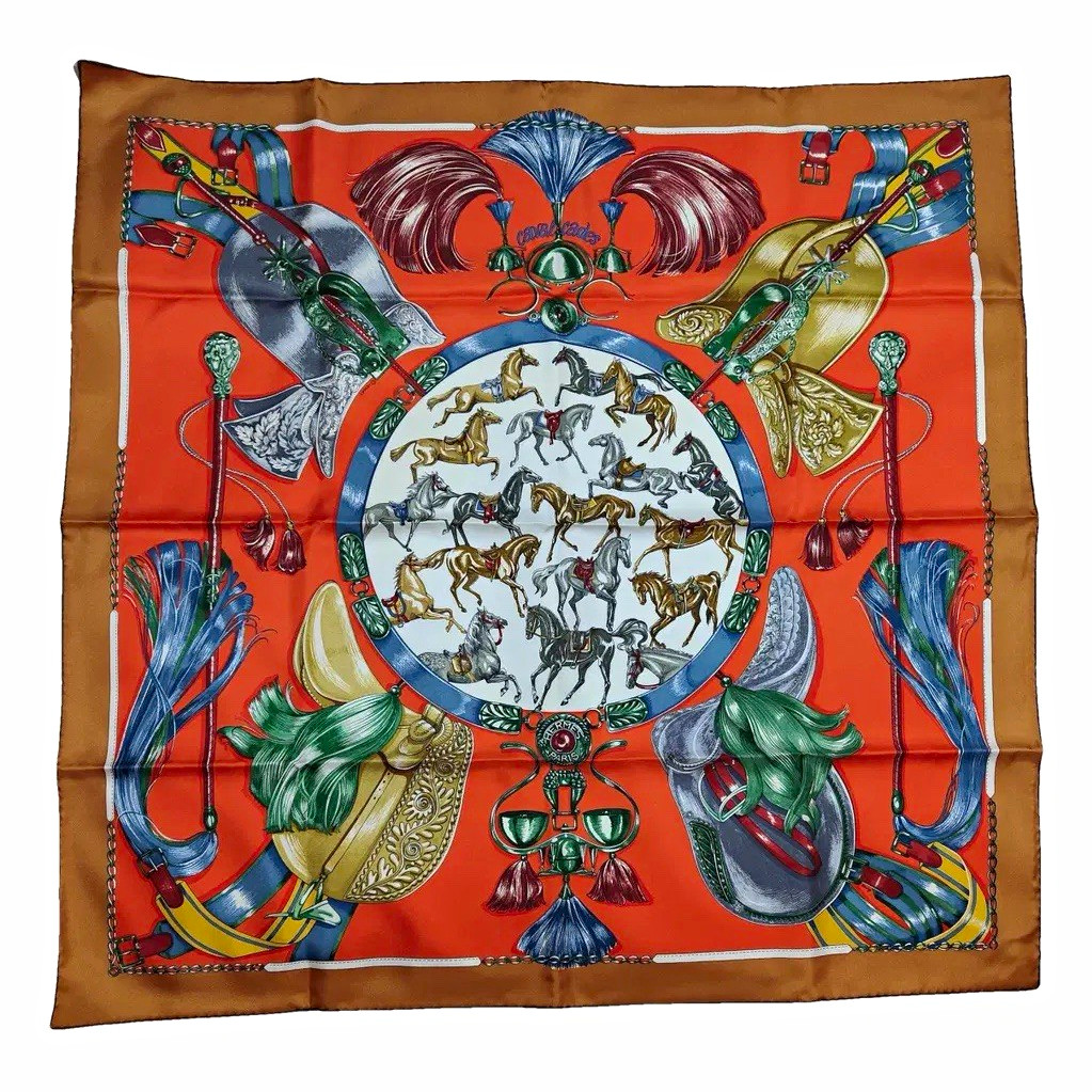 HERMÈS Paris Silk Twill Square Scarf Orange Multicolor Equestrian Horse Print