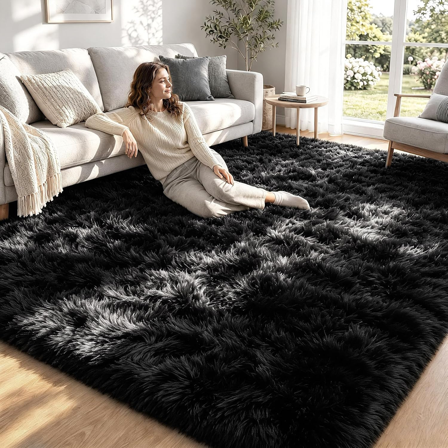 8X10 Area Rugs for Living Room: Soft Black Fluffy Rug Shag Washable Rug Plush Fu