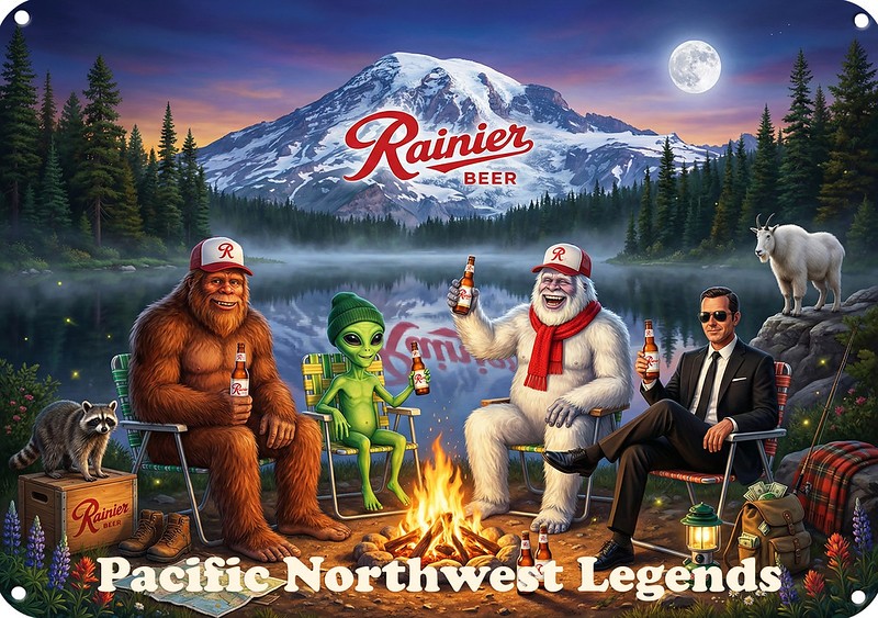 1970s RAINIER Beer Campfire Bigfoot DB Cooper Alien Yeti Legends METAL BAR SIGN 1970s RAINIER Beer Campfire Bigfoot DB Cooper Alien Yeti Legends METAL BAR SIGN